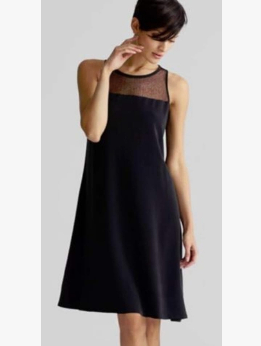 NEW Eileen Fisher Silk Crepe LBD Black Dress Lace MSRP $338.00 A-line Sz L